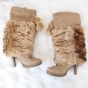 tan faux fur pom pom heeled winter boots